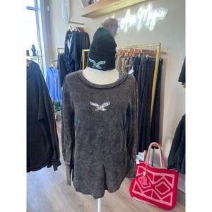 EAGLES black acid washed long sleeve  sweater - vintage eagles patch Size L\XL